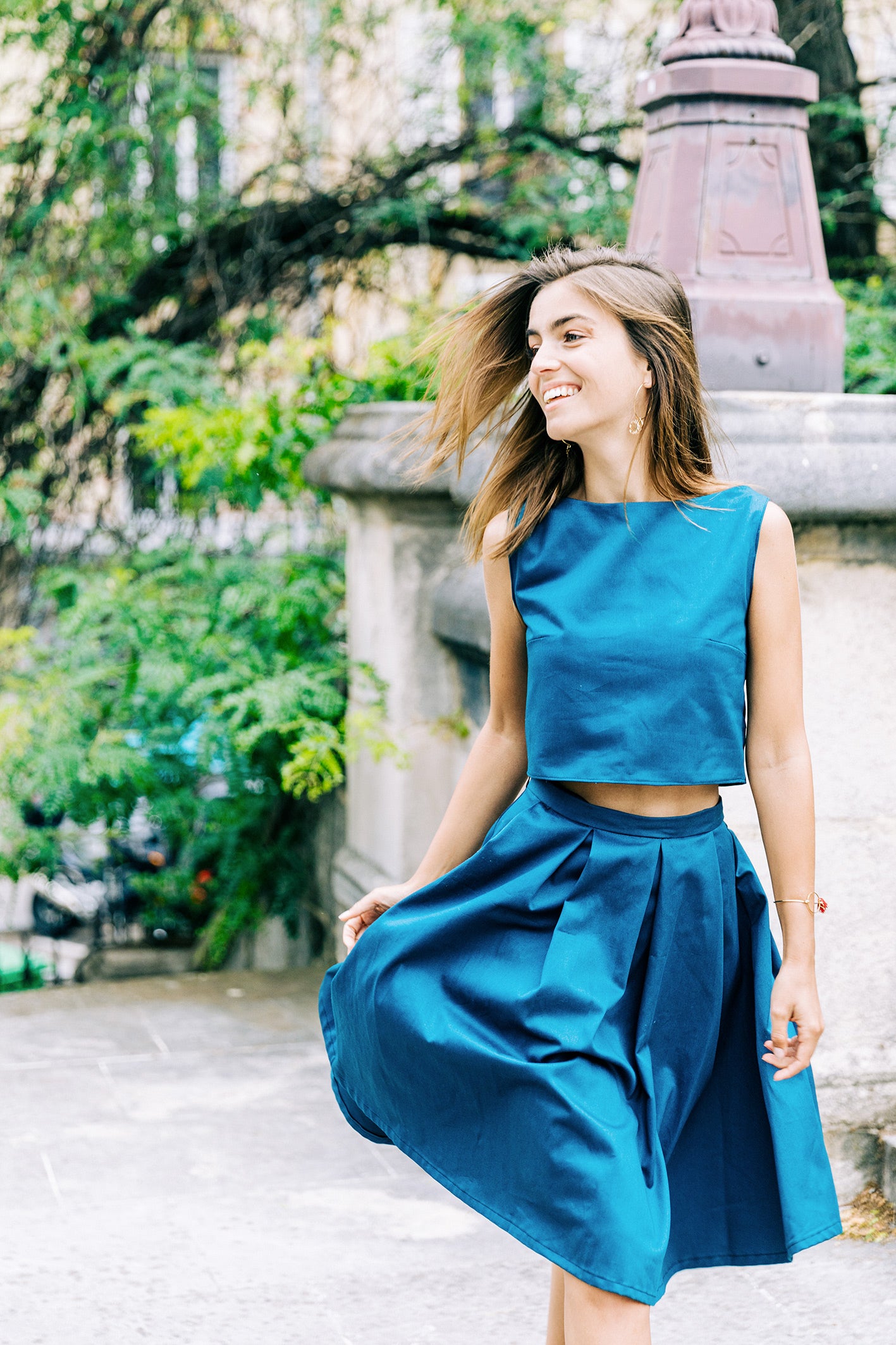 Détail du piqué de coton bleu de l'ensemble 'Lucile