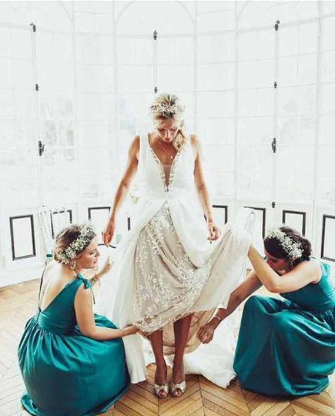 photo des robes "Fanny" personnalisées en soie bleu canard